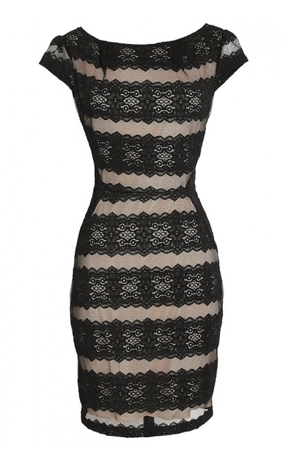 Night Falls Black and Nude Banded Lace Cap Sleeve Dress